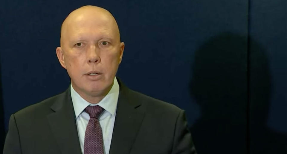 Defence Minister Peter Dutton during his press conference about a warship from China being spotted off the West Australian coast. 