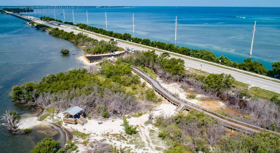 An aerial drone photograph shows the new boardwalk built at Anne’s Beach on Lower Matecumbe Key in the Village of Islamorada on Friday, Aug. 16, 2019, the day it reopened to the public. The beach had been closed ever since Hurricane Irma in September 2017.