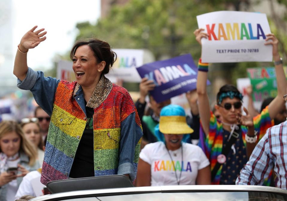 Harris waves to the crowd at San Francisco Pride in 2019 when she was a  presidential candidate (Getty)