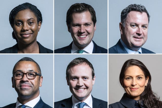 Head shots of Kemi Badenoch, Robert Jenrick, Mel Stride, James Cleverly, Tom Tugendhat and Dame Priti Patel