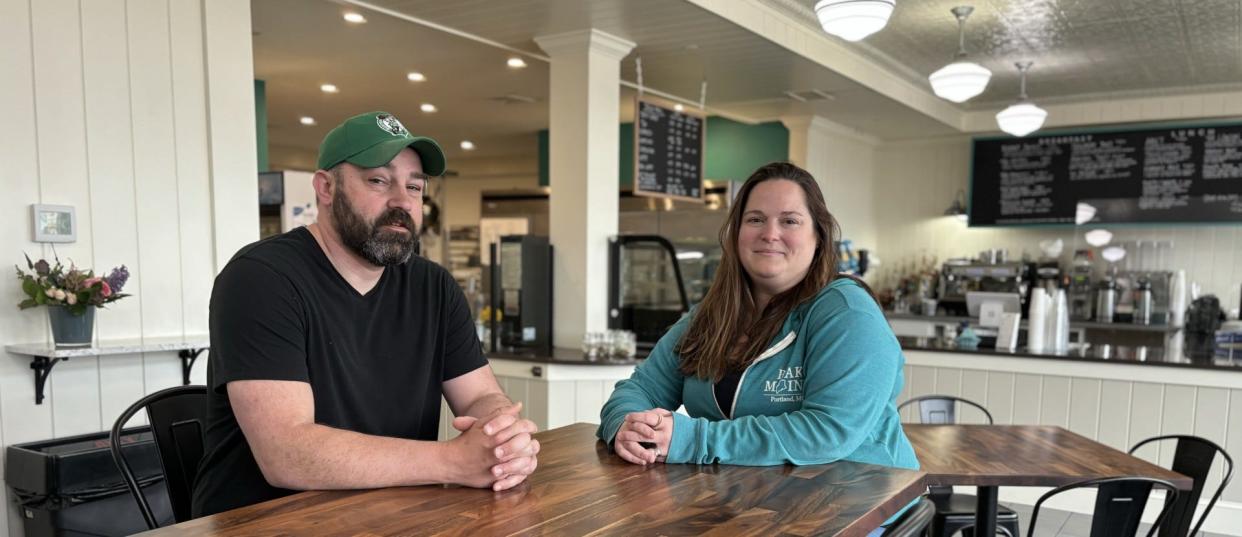 Doug and Kristen Perry opened their new bakery, Bake Maine, in their hometown of Wells, Maine, on Friday, May 3, 2024. The couple is seen here inside the bakery, which serves breakfast and lunch and seats around 40 people, the day before their grand opening.