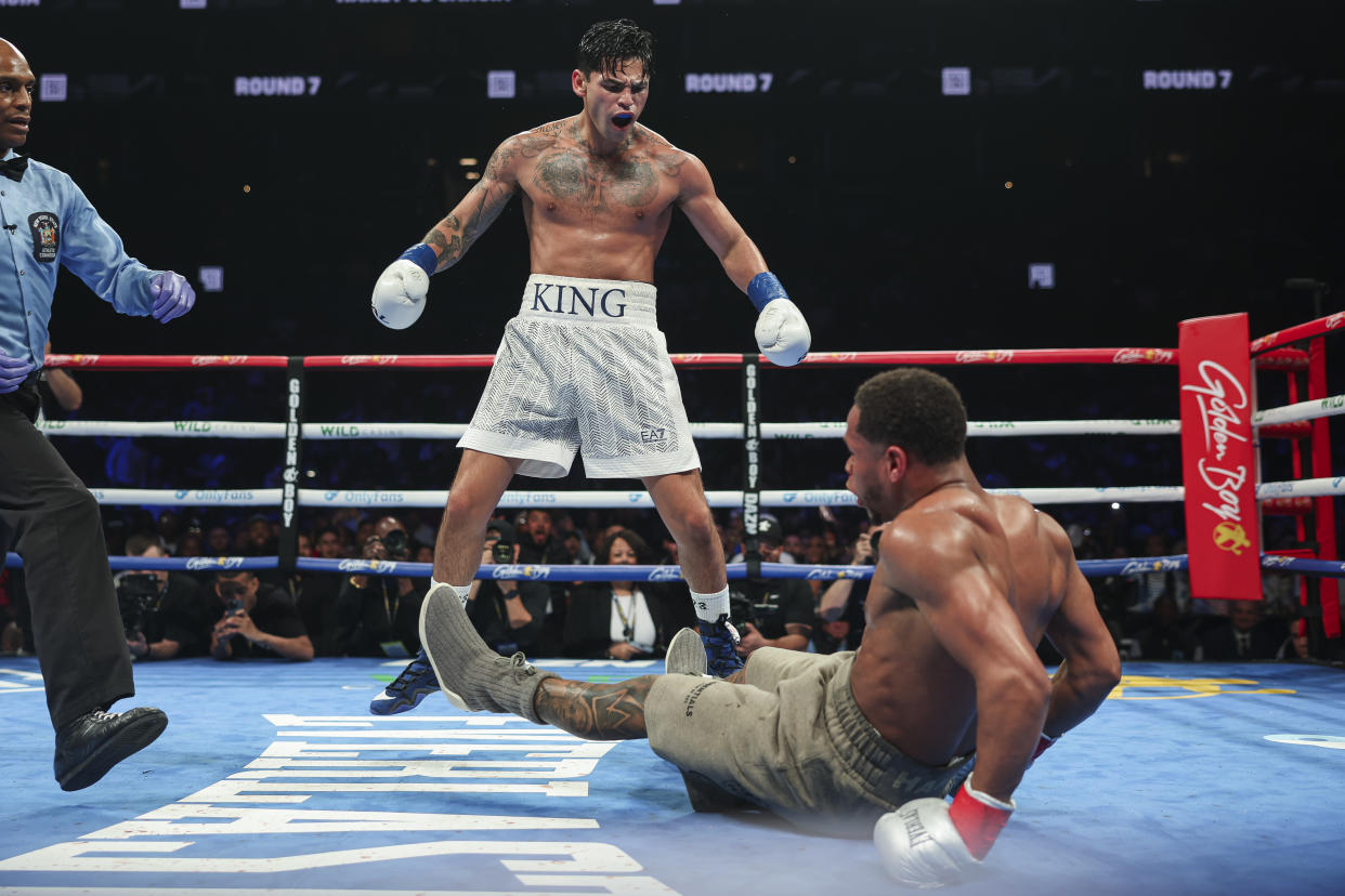 NEW YORK, NEW YORK - APRIL 20: Ryan Garcia reacts after knocking down Devin Haney during a fight at Barclays Center on April 20, 2024 in New York City.  (Photo by Cris Esqueda/Golden Boy/Getty Images)