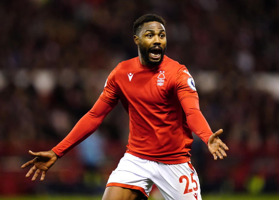 Nottingham Forest's Emmanuel Dennis appeals to an official during the Premier League match at City Ground, Nottingham. Picture date: Monday October 10, 2022. (Photo by Mike Egerton/PA Images via Getty Images)