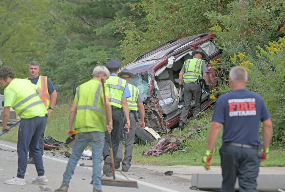 First responders work to clear an accident on OH 314 just north of Millsboro Road on Monday.