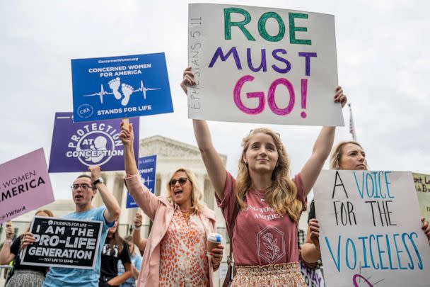 PHOTO: Anti-abortion demonstrators rally in front of the U.S. Supreme Court on June 21, 2022 in Washington as the country awaits a major case decision pertaining to abortion rights. (Brandon Bell/Getty Images)