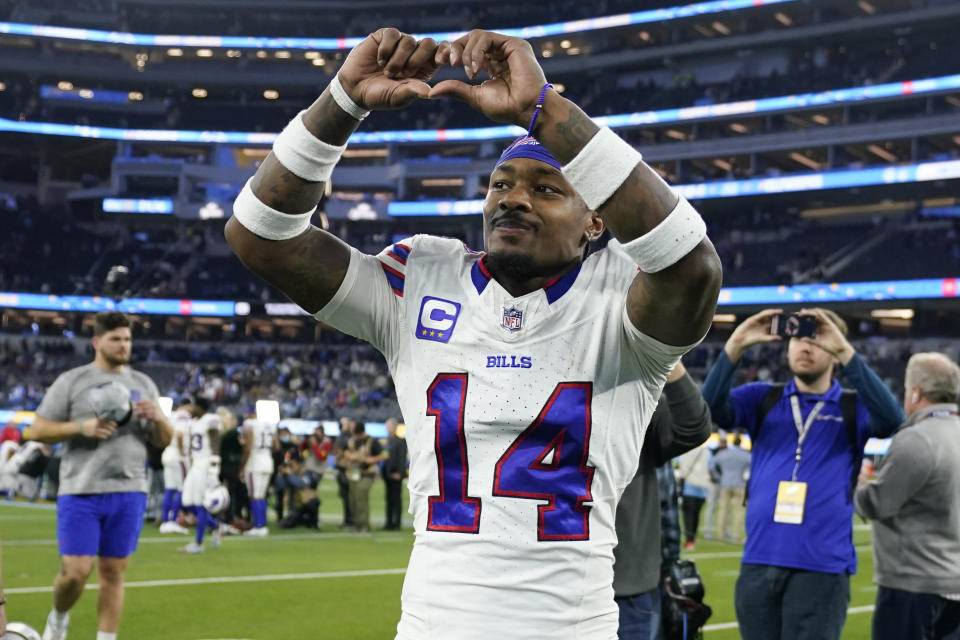 Buffalo Bills wide receiver Stefon Diggs (14) gestures as he walks off the field after a win over the Los Angeles Chargers in an NFL football game Saturday, Dec. 23, 2023, in Inglewood, Calif. (AP Photo/Ashley Landis)