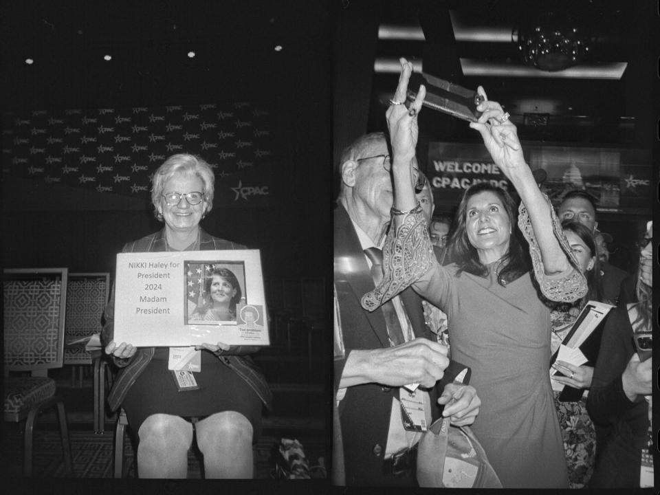 Kelly Schofield holds a sign supporting Nikki Haley’s run for President in the main hall of CPAC in National Harbor, Md., on March 3, 2023. Former South Carolina Gov. and current GOP presidential hopeful, Nikki Haley, poses for a selfie after her speech to CPAC in National Harbor, Md., on March 3, 2023. (Frank Thorp V / NBC News)