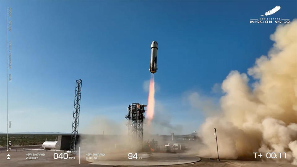 Blue Origin's New Shepard rocket and capsule blast off from the company's West Texas launch site Thursday, carrying an international six-member crew on a 10-minute flight to the edge of space and back. / Credit: Blue Origin