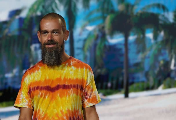 PHOTO: Jack Dorsey creator, co-founder, and Chairman of Twitter and co-founder & CEO of Square arrives on stage at the Bitcoin 2021 Convention, a crypto-currency conference held at the Mana Convention Center, June 4, 2021, in Miami. (Joe Raedle/Getty Images)