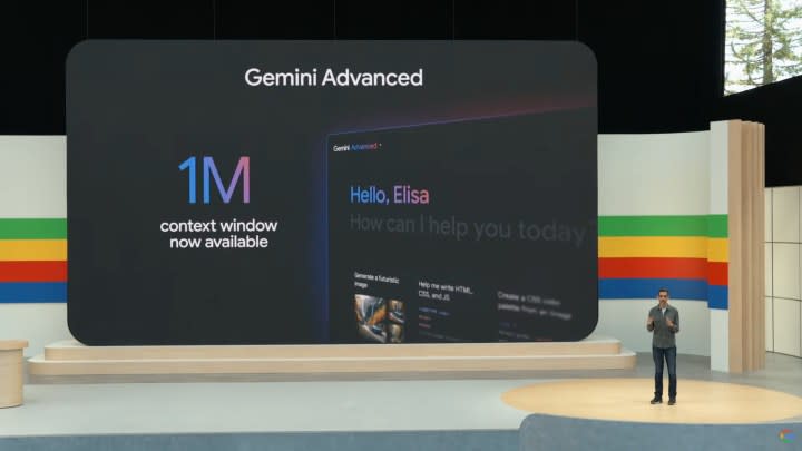 Google CEO Sundar Pichai on stage at Google I/O talking about Gemini.