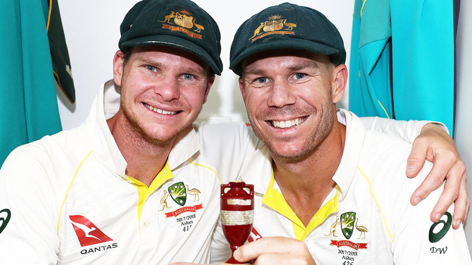 Steve Smith and David Warner, pictured here celebrating after Australia's Ashes triumph in 2017.