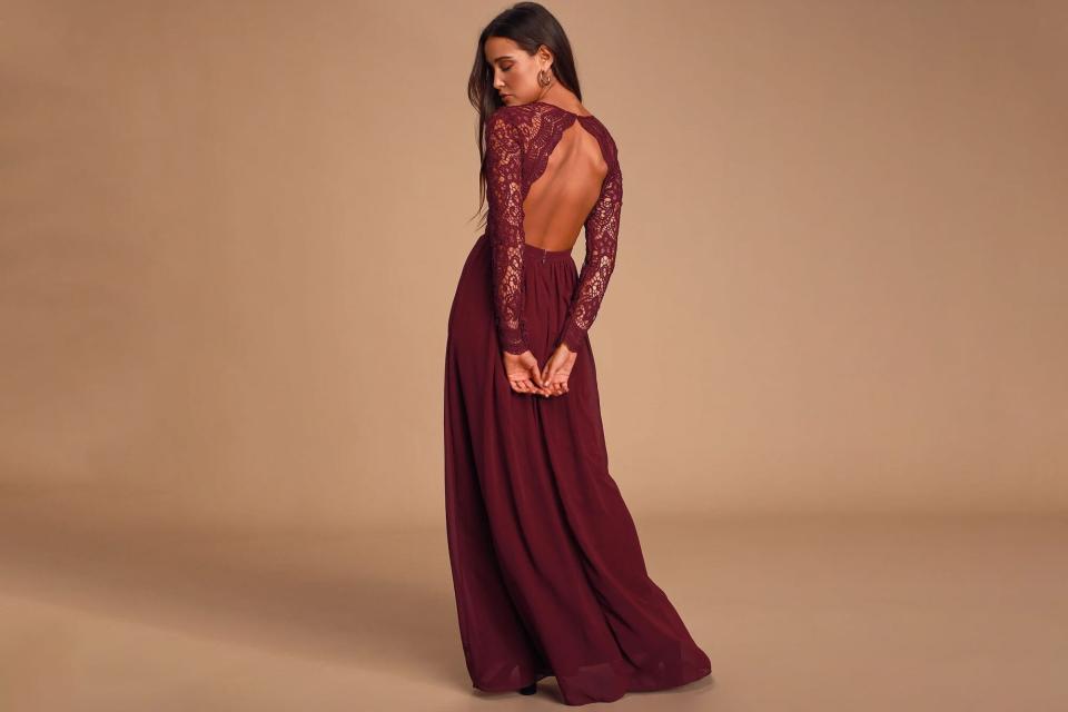 Lulus Awaken My Love Burgundy Long Sleeve Lace Maxi Dress