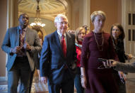 Senate Majority Leader Mitch McConnell, R-Ky., walks to his office after speaking on the Senate floor about Supreme Court nominee Brett Kavanaugh, on Capitol Hill in Washington, Monday, Sept. 24, 2018. (AP Photo/J. Scott Applewhite)