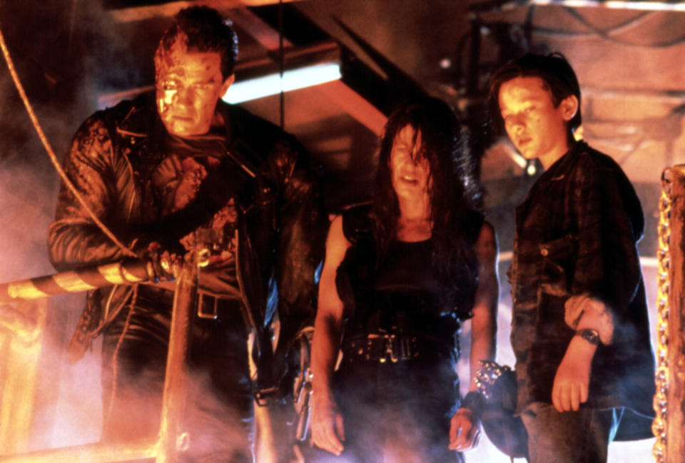 Arnold Schwarzenegger, Linda Hamilton and Edward Furlong in "Terminator 2: Judgment Day"