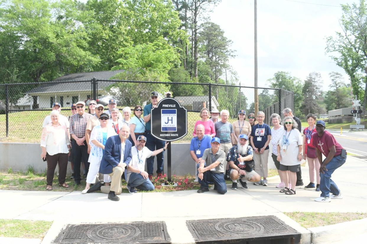 Some of the members of the Jefferson Highway Association attended a sign dedication for the historic Jefferson Highway in Pineville. The original Jefferson Highway extended 2,194 miles from Winnipeg, Manitoba, Canada, all the way to New Orleans. The route meandered through Central Louisiana towns including Alexandria and Pineville. The portion of the old highway in Pineville is the only known portion of the highway that still carries the name.