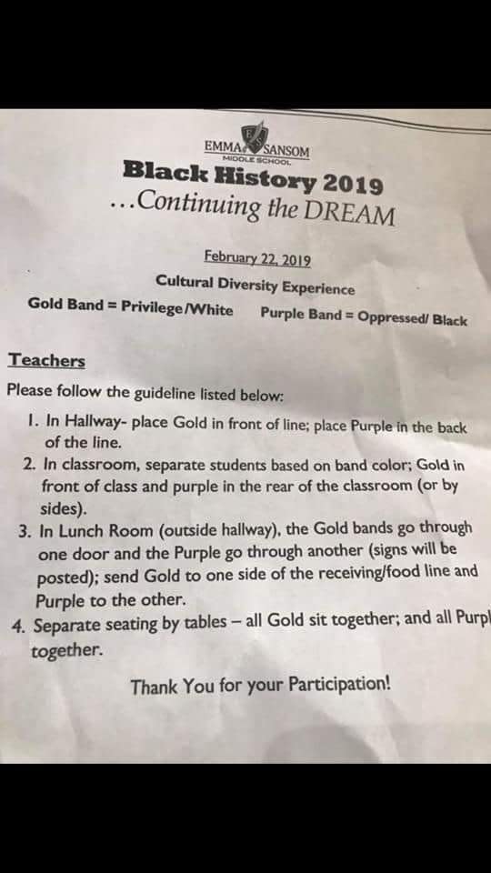 A middle school in Alabama conducted a social experiment dividing students based on privilege. (Photo: Facebook/Amanda Branco)