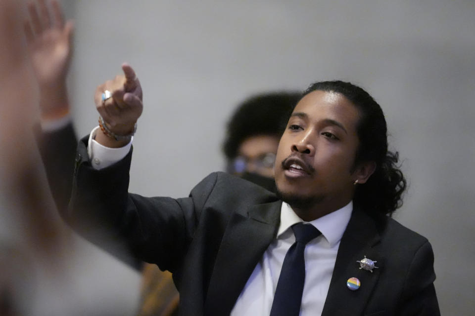 Rep. Justin Jones, D-Nashville, yells at the House Speaker during a legislative session Monday, Feb. 26, 2024, in Nashville, Tenn. (AP Photo/George Walker IV)