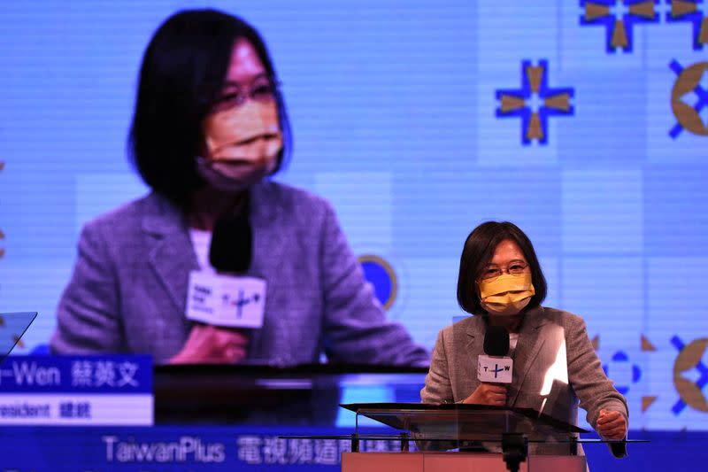 Taiwanese President Tsai Ing-wen makes a speech at the television operations launch event of TaiwanPlus in Taipei