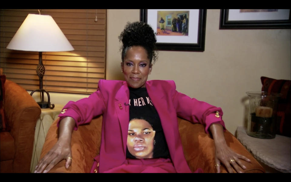 Regina King wears a shirt showing Breonna Taylor's name and face while remotely attending the 72nd Primetime Emmy Awards. (Getty Images)