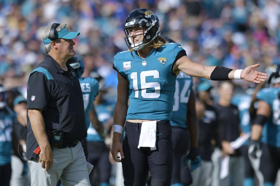 Jacksonville Jaguars head coach Doug Pederson talks with Jacksonville Jaguars quarterback Trevor Lawrence (16) after Lawrence was stopped on a one yard running play on fourth down during early fourth quarter action. The Jacksonville Jaguars hosted the New York Giants at TIAA Bank Field in Jacksonville, FL Sunday, October 23, 2022. The Jaguars trailed at the half 11 to 13 and lost to the Giants with a final score of 17 to 23. [Bob Self/Florida Times-Union]