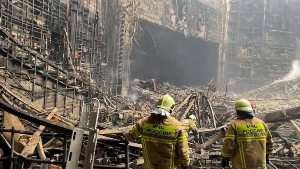 PHOTO: Rescuers work inside the burned Crocus City Hall concert venue following a terrorist attack in Krasnogorsk, outside Moscow, on March 23, 2024.  (Russian Investigative Commitee Handout via EPA via Shutterstock)