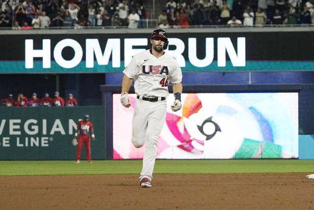 U.S.'s Paul Goldschmidt (46) runs the bases after hitting a two-run home run during the first inning of a World Baseball Classic game against Cuba, Sunday, March 19, 2023, in Miami. (AP Photo/Marta Lavandier)
