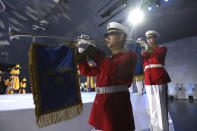 South Korean military band perform during the celebration of 75th anniversary of the Liberation Day at Dongdaemun Design Plaza in Seoul Saturday, Aug. 15, 2020. South Korea marked its 75th National Liberation Day on Saturday, which celebrates its independence from Japanese colonial rule following the end of World War II after Japan surrendered. (Chung Sung-jun/Pool Photo via AP)