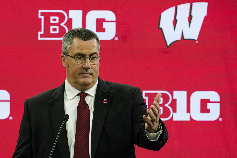 Wisconsin head coach Paul Chryst talks to reporters during an NCAA college football news conference at the Big Ten Conference media days, at Lucas Oil Stadium in Indianapolis, Friday, July 23, 2021. (AP Photo/Michael Conroy)