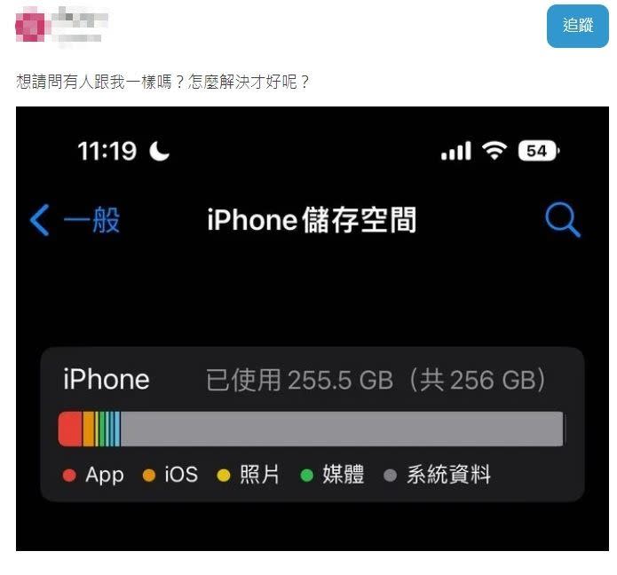 iPhone14 Pro 容量一下被佔光。 （圖／翻攝自Dcard）