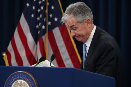 FILE PHOTO: U.S. Federal Reserve Chairman Jerome Powell holds a news conference following the two-day Federal Open Market Committee (FOMC) policy meeting in Washington, U.S., March 20, 2019. REUTERS/Jonathan Ernst