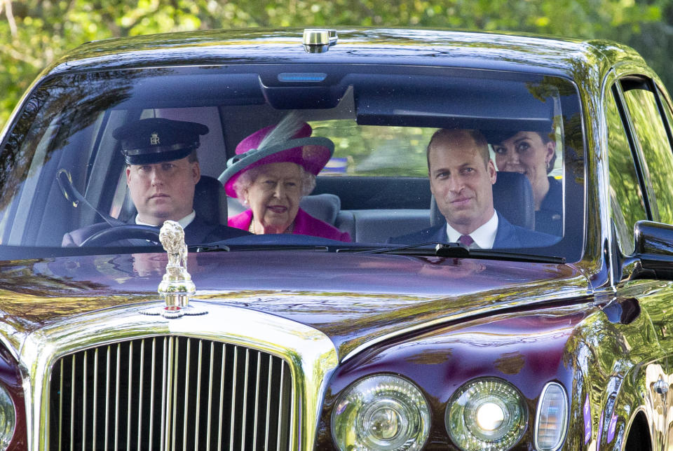 CRATHIE, ABERDEENSHIRE - AUGUST 25: Queen Elizabeth II, Prince William, Duke of Cambridge and Catherine, Duchess of Cambridge drive to Crathie Kirk Church before the service on August 25, 2019 in Crathie, Aberdeenshire. Queen Victoria began worshiping at the church in 1848 and every British monarch since has worshiped there while staying at nearby Balmoral Castle (Photo by Duncan McGlynn/Getty Images)