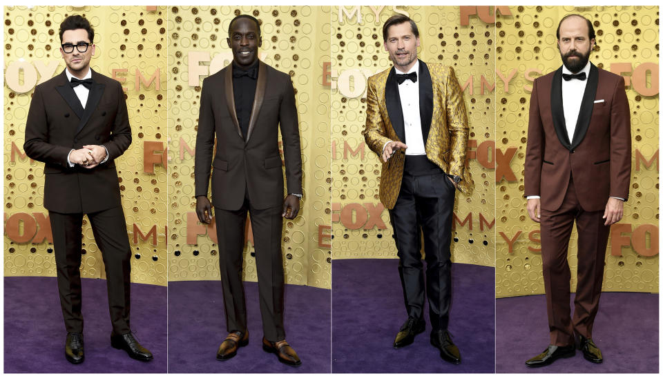 This combination photo shows, from left, Dan Levy, from "Schitt's Creek," Michael Kenneth Williams, from "When They See Us," Nikolaj Coster-Waldau, from "Game of Thrones," and Brett Gelman, from "Fleabag," at the 71st Primetime Emmy Awards in Los Angeles on Sept. 22, 2019. (AP Photo)