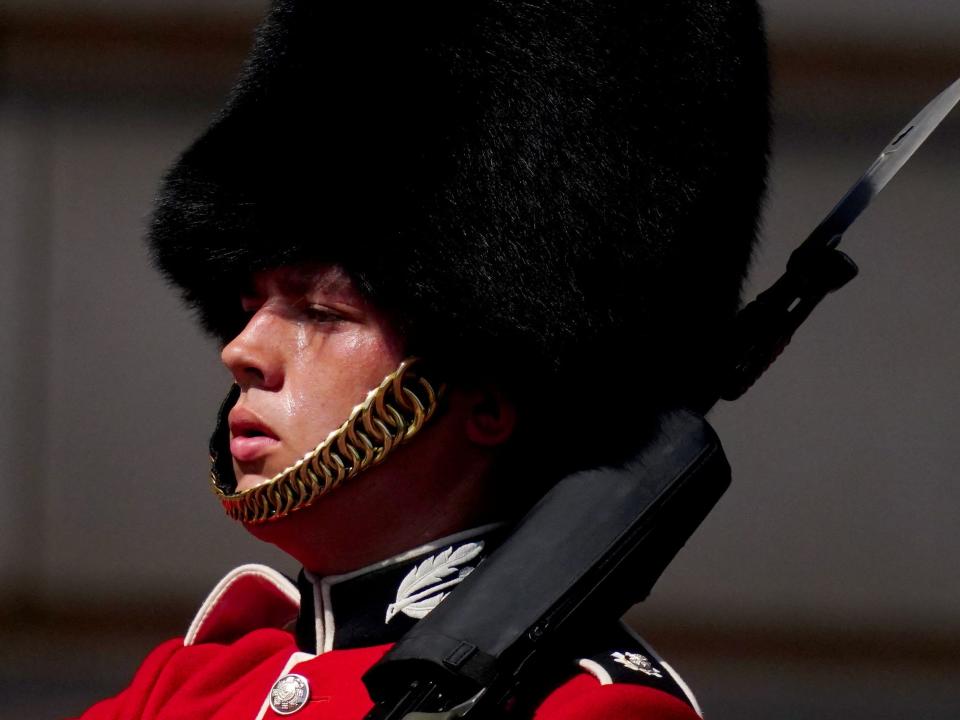 A Queens guard member swelters in the heat during the Changing of the Guard ceremony on the forecourt of Buckingham Palace.