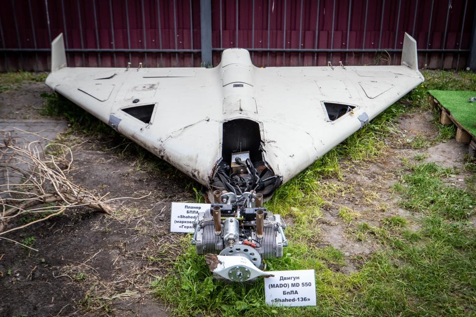 Remain of a Russian-made Shahed 136 at an exhibition showing remains of missiles and drones that Russia used to attack Kyiv on May 12, 2023 in Kyiv, Ukraine.