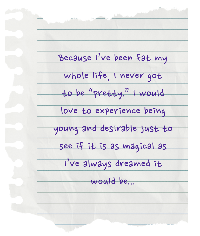 Handwritten note on torn notebook paper stating: "Because I've been fat my whole life, I never got to be 'pretty.' I would love to experience being young and desirable just to see if it is as magical as I've always dreamed it would be..."