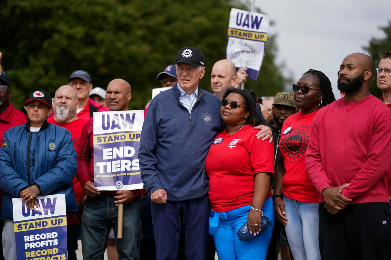 President Joe Biden joins striking United Auto Workers on the picket line, Tuesday, Sept. 26, 2023, in Van Buren Township, Mich.