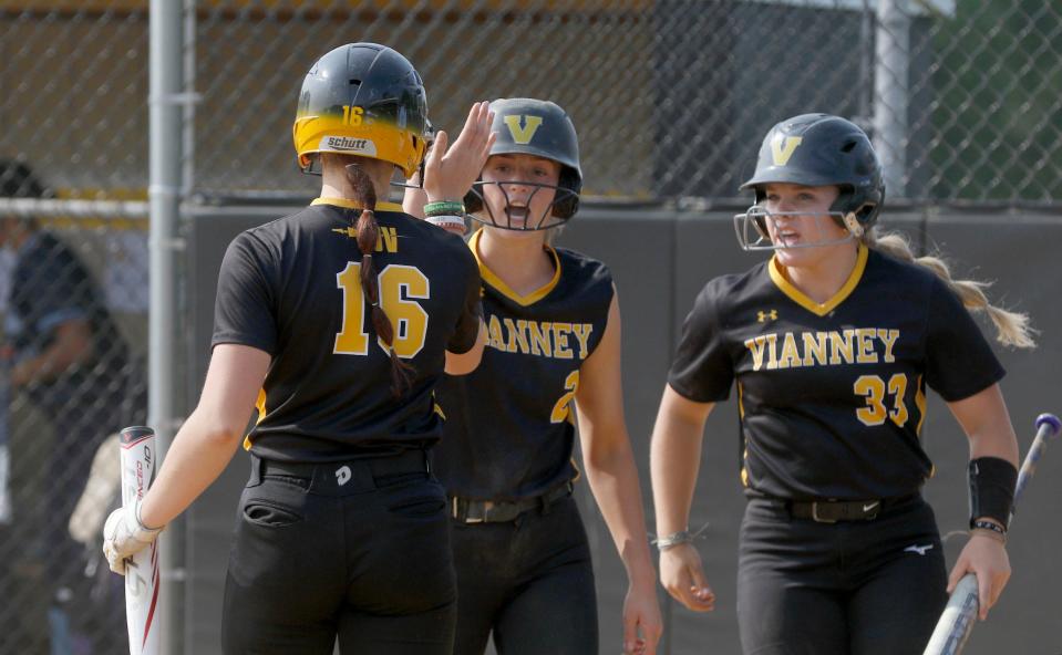 St. John Vianney's Holly Lovett (#2) celebrates after scoring with teammates Grace Colucci (16) and Elisabeth Figliolino during game against Freehold Township at home Monday, May 15, 2023.  