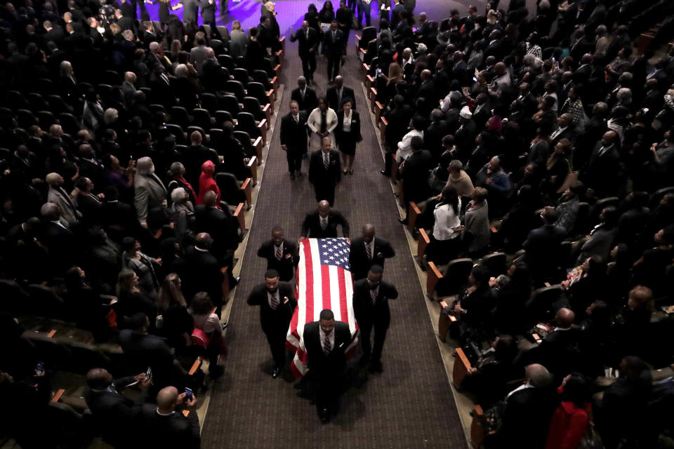 Pallbearers carry the casket of the late U.S. Rep. Elijah Cummings during funeral services at New Psalmist Baptist Church, Friday, Oct. 25, 2019, in Baltimore. The Maryland congressman and civil rights champion died Thursday, Oct. 17, at age 68 of complications from long-standing health issues. (AP Photo/Julio Cortez, Pool)