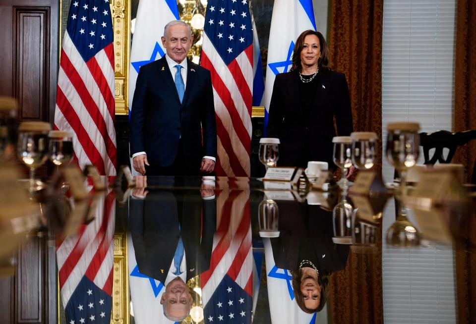 Vice President Kamala Harris meets with Israeli Prime Minister Benjamin Netanyahu at the Eisenhower Executive Office Building on the White House grounds on July 25, 2024 (REUTERS)