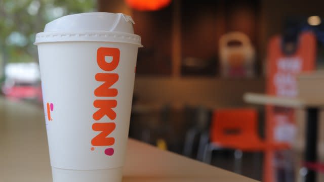 A Dunkin' coffee cup is shown.