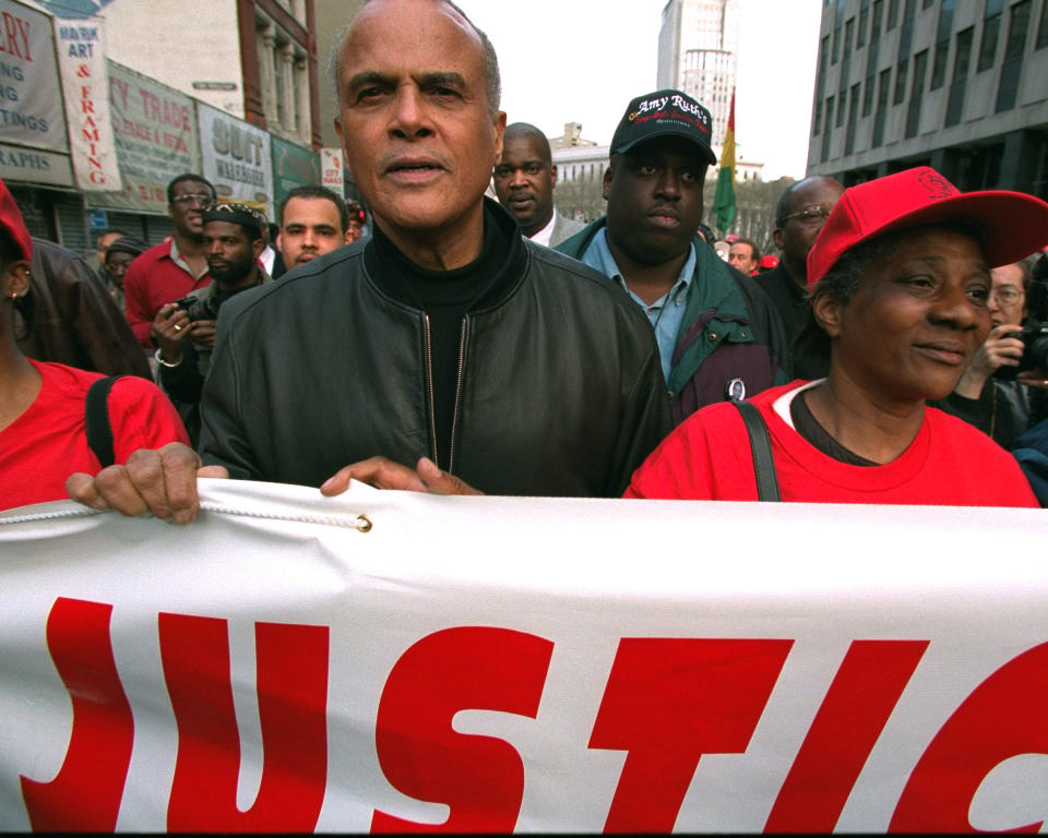 Harry Belafonte at a rally protesting police brutality in Lower Manhattan on April 15, 1999.<span class="copyright">Corey Sipkin—NY Daily News Archive via Getty Images</span>