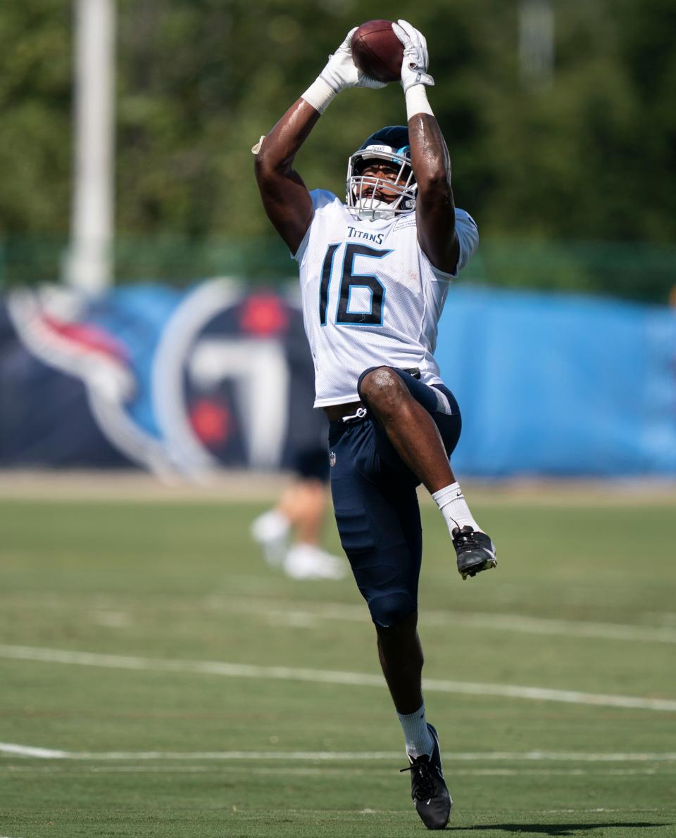 Tennessee Titans wide receiver Treylon Burks (16) pulls in a catch during a training camp practice at Ascension Saint Thomas Sports Park Sunday, Aug. 7, 2022, in Nashville, Tenn. 