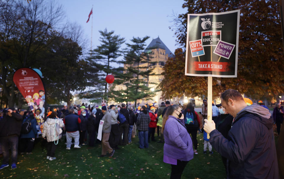 <p>TORONTO, ON- NOVEMBER 4 - Members of CUPE education workers and other supporters gather at Queens Park to protest a day after the Provincial Government enacted the Not Withstanding Clause of the Canadian Constitution to legislate a contract on the union in Toronto. November 4, 2022. (Steve Russell/Toronto Star via Getty Images)</p> 