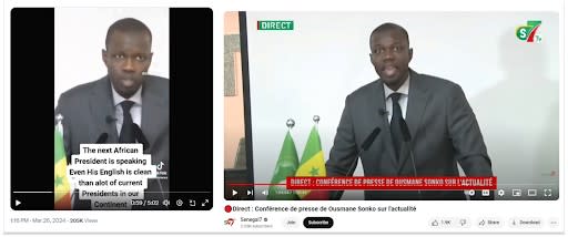 <span>Comparaison de la vidéo diffusée sur X (à gauche) et sur la chaîne YouTube de Senegal7’s (à droite))</span>