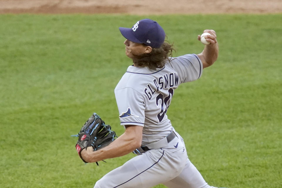 Tampa Bay Rays starting pitcher Tyler Glasnow delivers during the first inning of a baseball game against the Chicago White Sox Monday, June 14, 2021, in Chicago. (AP Photo/Charles Rex Arbogast)