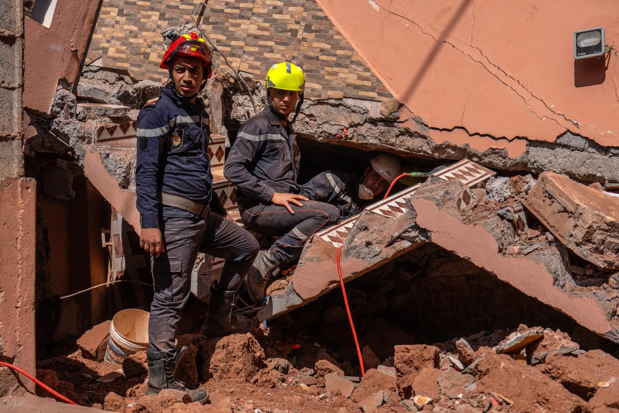 MOULAY BRAHIM, MOROCCO - SEPTEMBER 10: Emergency workers search beneath a heavily damaged house on September 10, 2023 in Moulay Brahim, Morocco. An earthquake measuring 6.8 on the Richter scale hit central Morocco. Although the epicenter was in a sparsely populated area of the High Atlas Mountains, the effects have been felt 71km away in Marrakesh, a major tourist destination, where many buildings have collapsed and over 2,000 deaths have been reported. (Photo by Carl Court/Getty Images) (Getty Images)