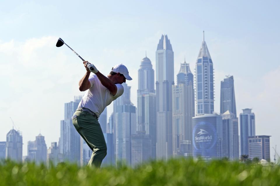 Rory McIlroy of Northern Ireland tees off on 8th hole during the final round of the Hero Dubai Desert Classic golf tournament, in Dubai, United Arab Emirates, Sunday, Jan. 21, 2024. (AP Photo/Kamran Jebreili)