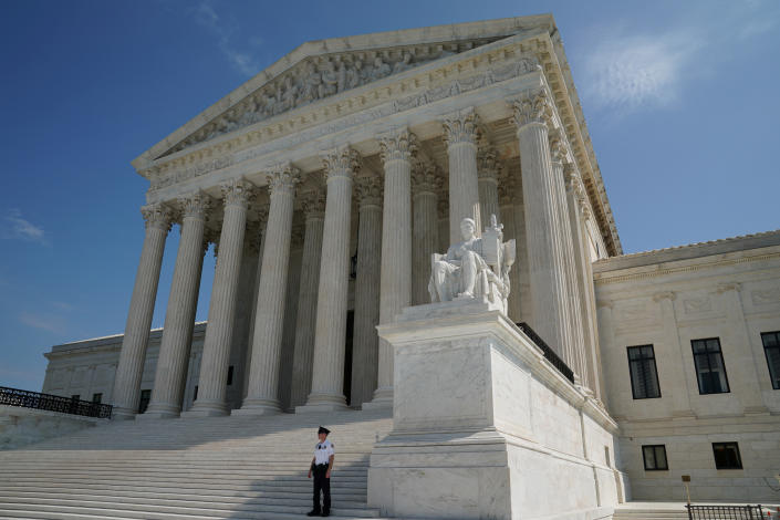 View up the steps to the columns of the U.S. Supreme Court.