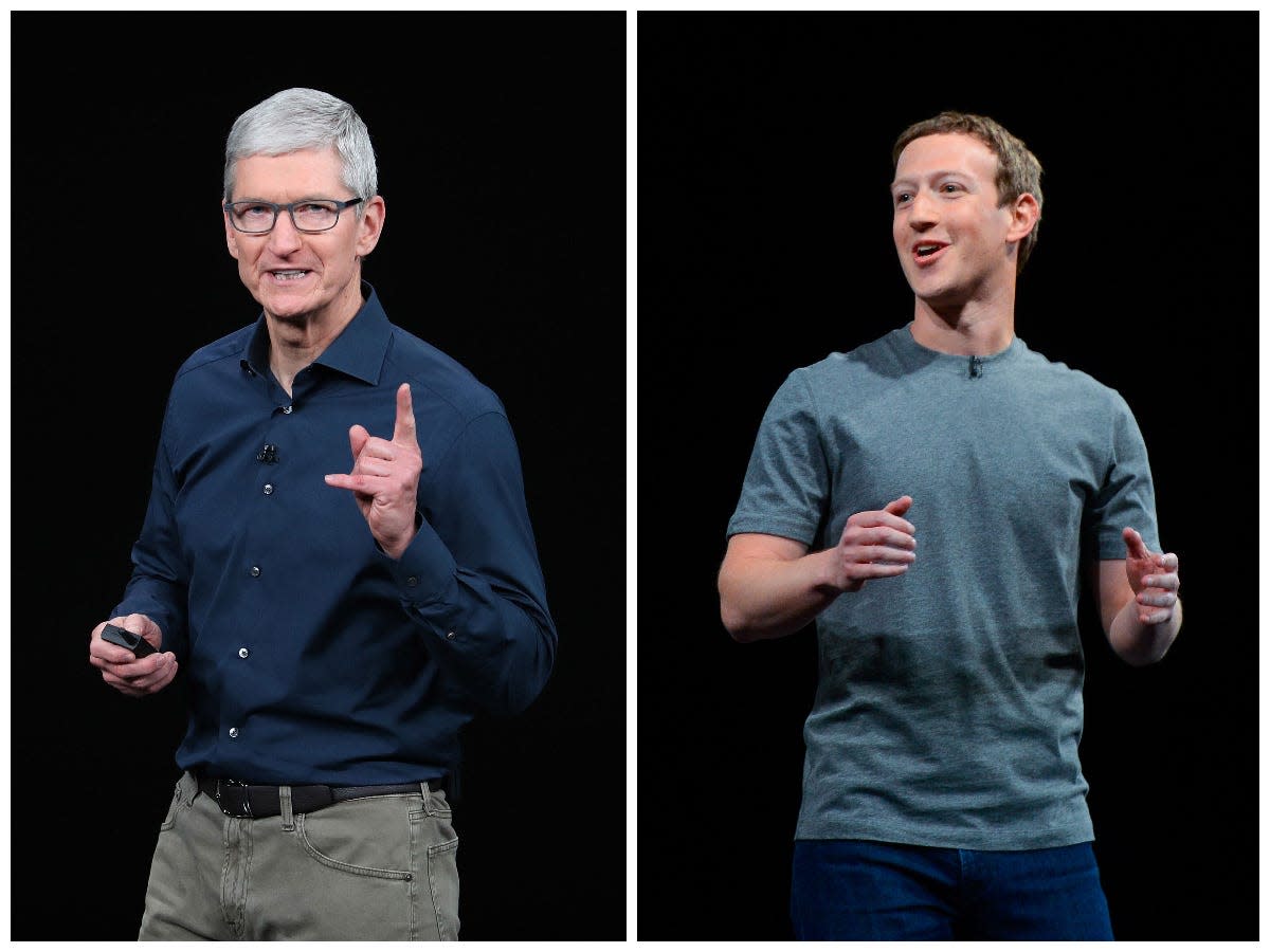 Apple CEO Tim Cook (left), and Meta CEO Mark Zuckerberg (right)