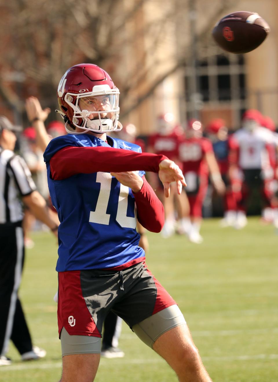 Quarterback Jackson Arnold goes through drills as the University of Oklahoma Sooners (OU) college football team holds spring practice outside of Gaylord Family/Oklahoma Memorial Stadium on  March 21, 2023 in Norman, Okla.  [Steve Sisney/For The Oklahoman]